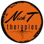 Nick T Therapies logo. Orange with black titles and the roots of a tree