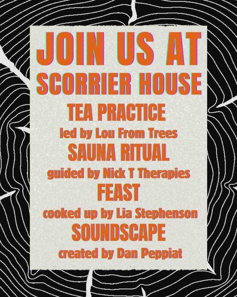 Poster for an afternoon of forest bathing in the sauna with tree teas, a feast and soundscape