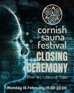 A poster for the Cornish Sauna Festival closing ceremony. A face looks at the words in space