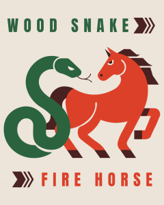 The picture depicts the Wood Snake and the Fire Horse as we head towards Chinese New year